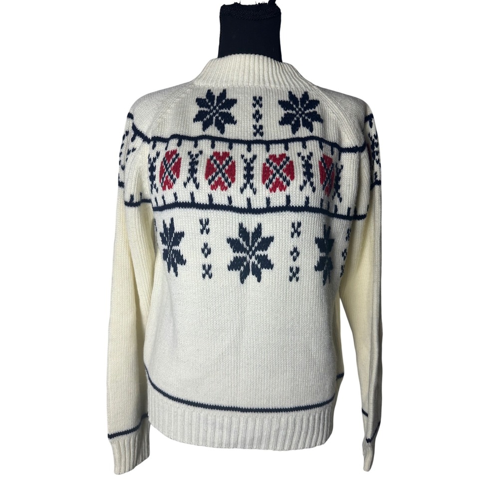 Vtg Fair Isle Nordic Knit Sweater Cream Navy Red Snowflake JCPenny Unisex Lg